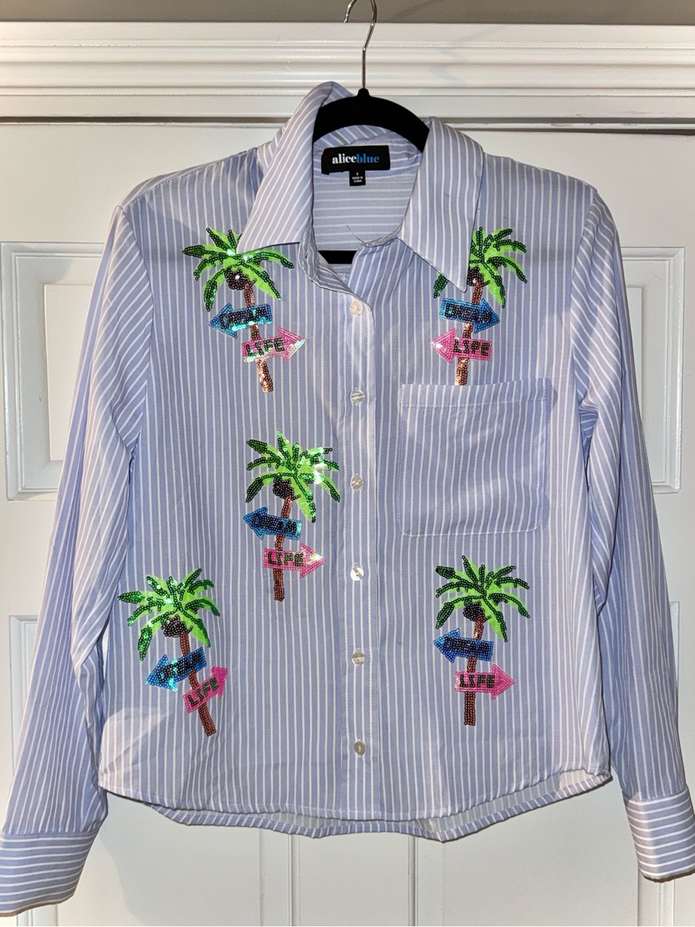 Alice Blue Blue & White Striped Sequin Palm Button-Down Shirt